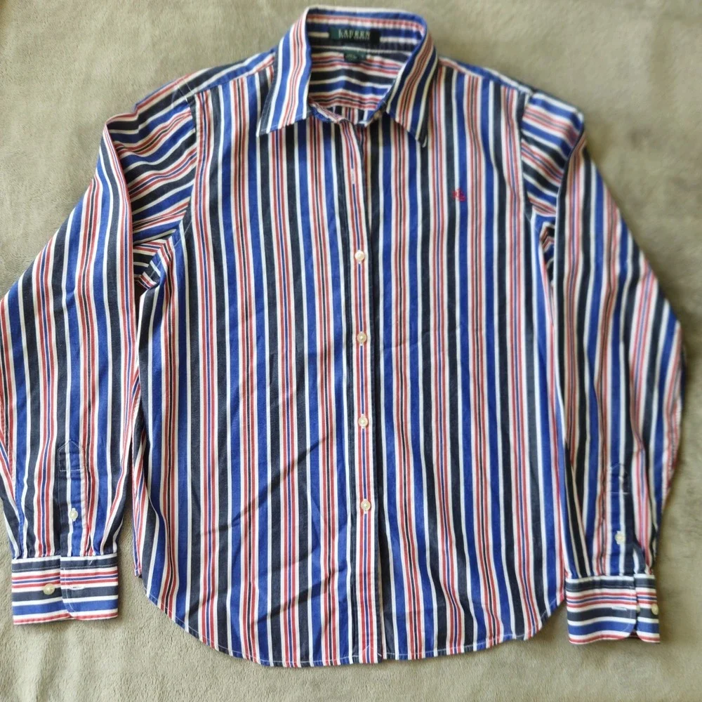 Vintage 2000's Lauren Ralph Lauren Women's Striped Button-Up Shirt Preppy Size M